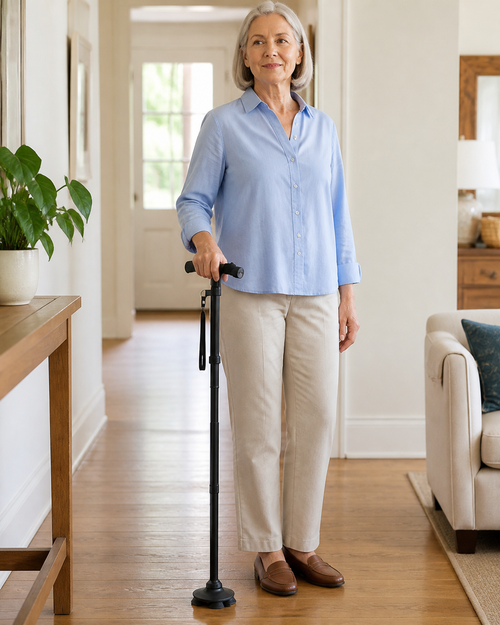Older woman holding a black walking cane in a bright home hallway.