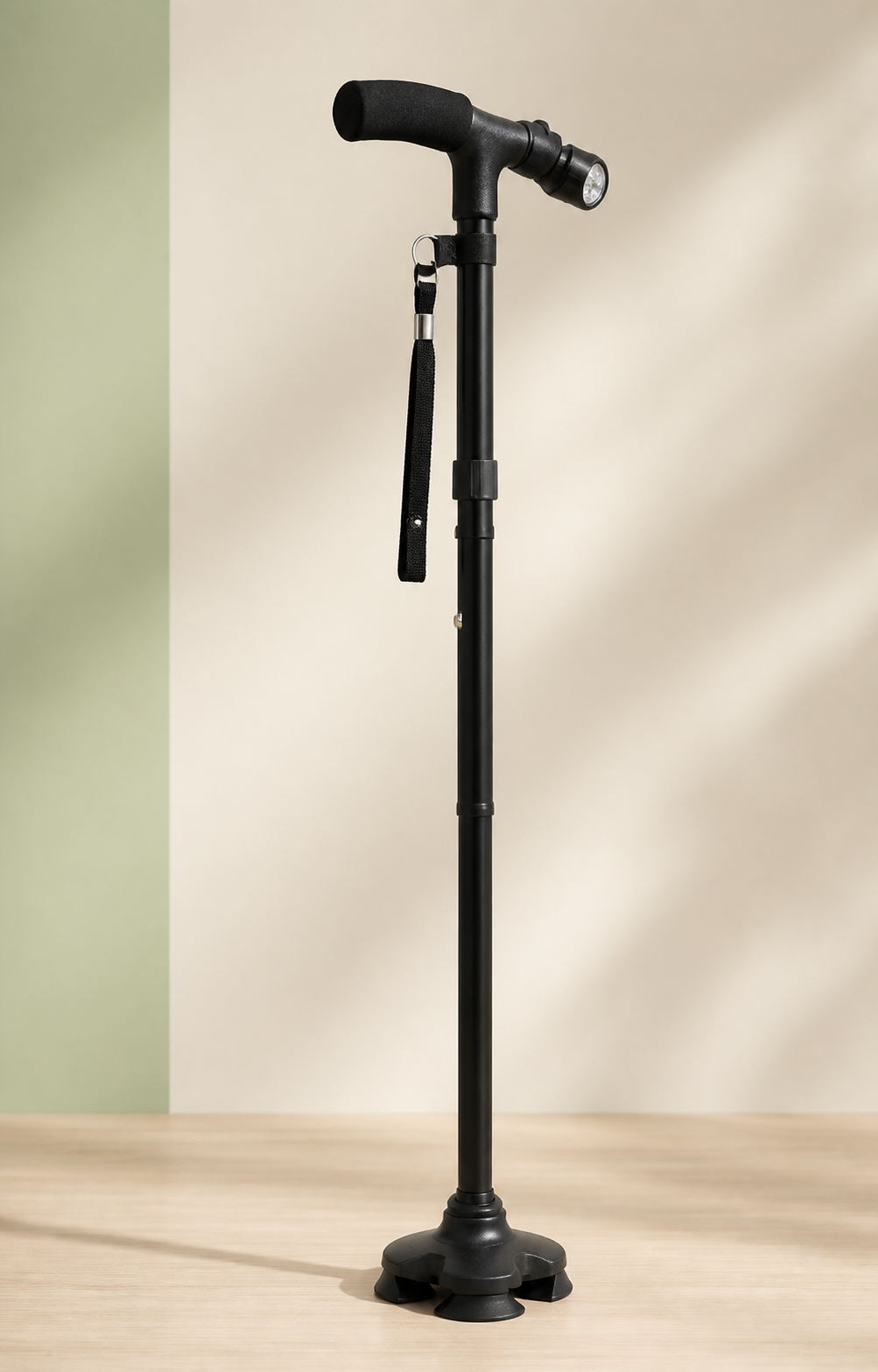 Black walking cane against a light studio backdrop.