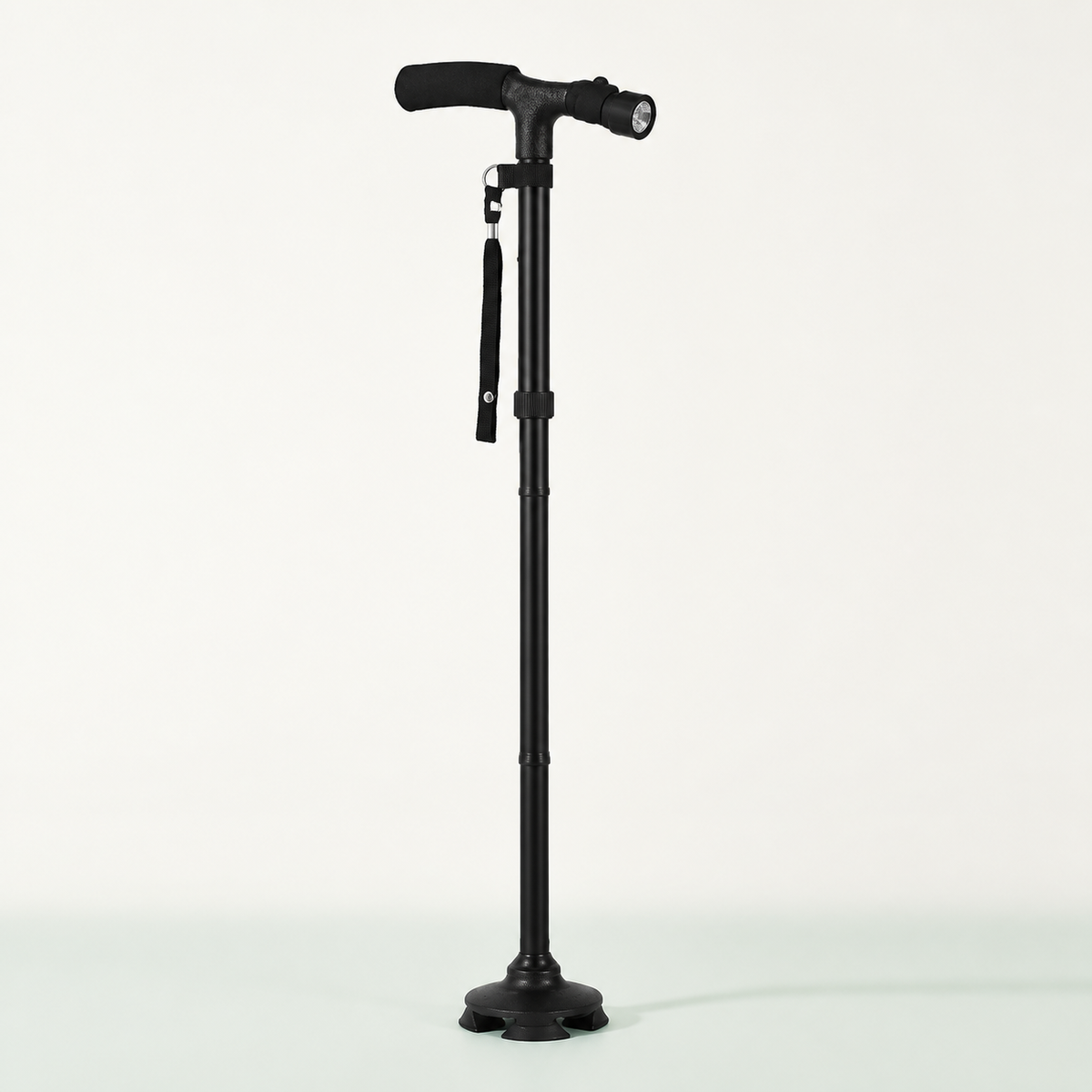 Black walking cane on a light studio background.