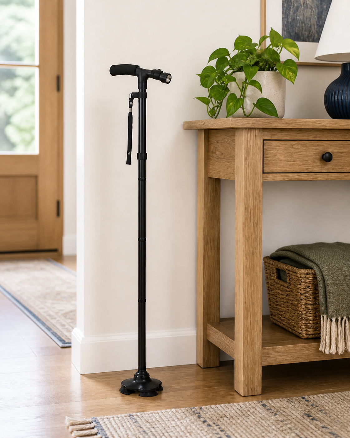 Black walking cane beside a wooden entry table in a home.