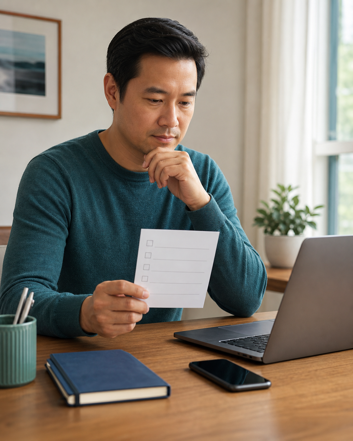 An adult reviewing a simple checklist beside a laptop in a home workspace.
