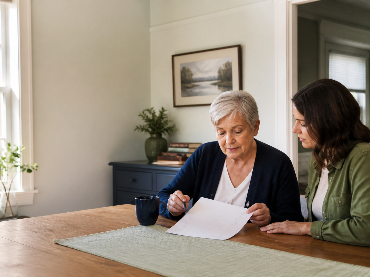 An older adult and a family member reviewing a simple checklist together at a dining table.