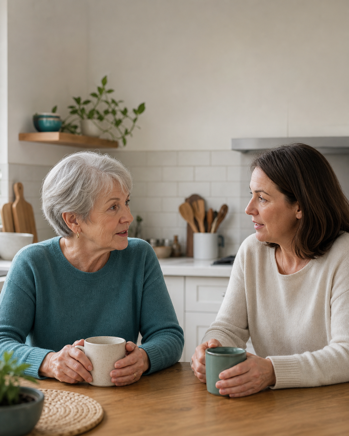 An older adult and an adult family member talking together at a kitchen table.