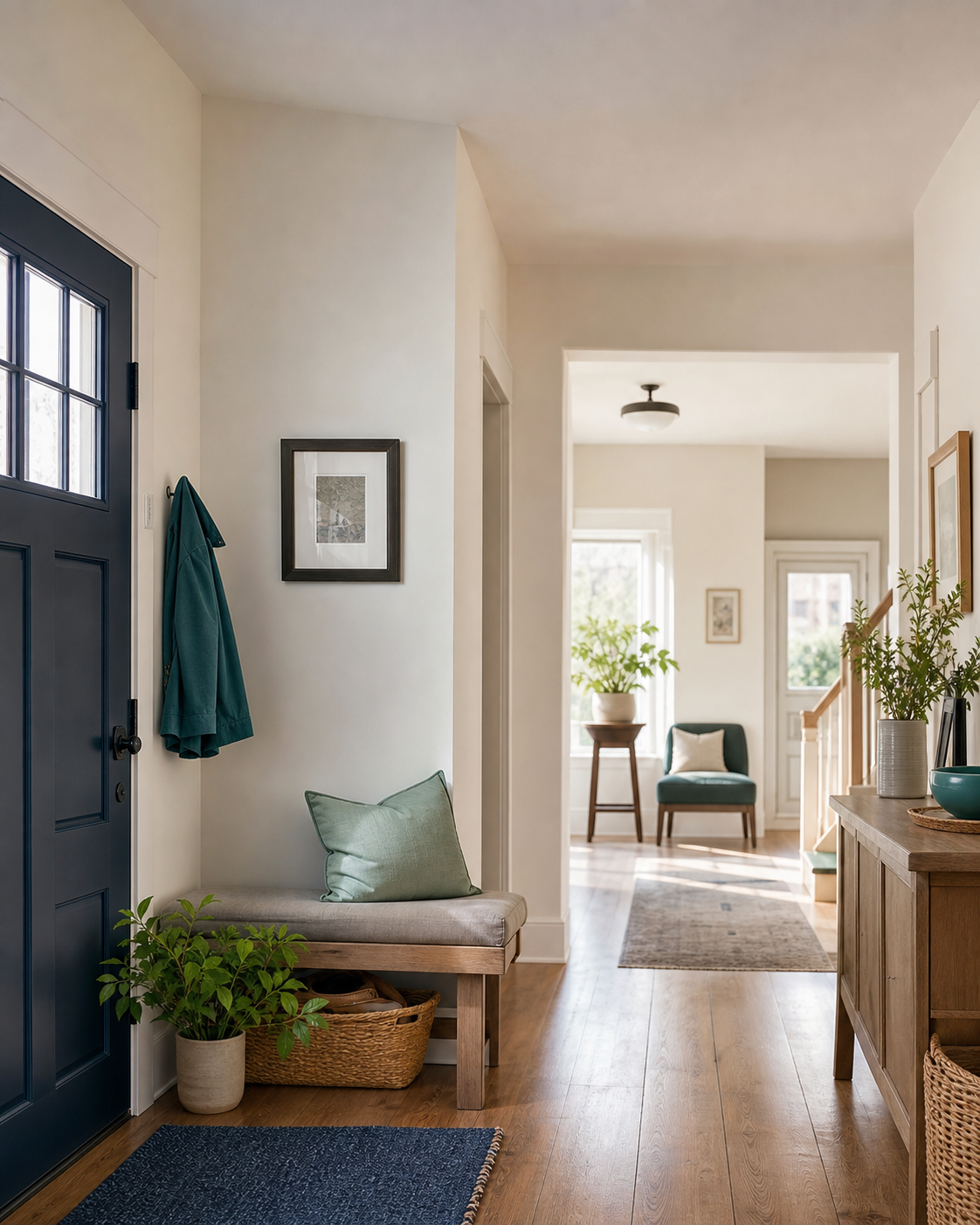 A sunlit home entryway and hallway with an everyday route.