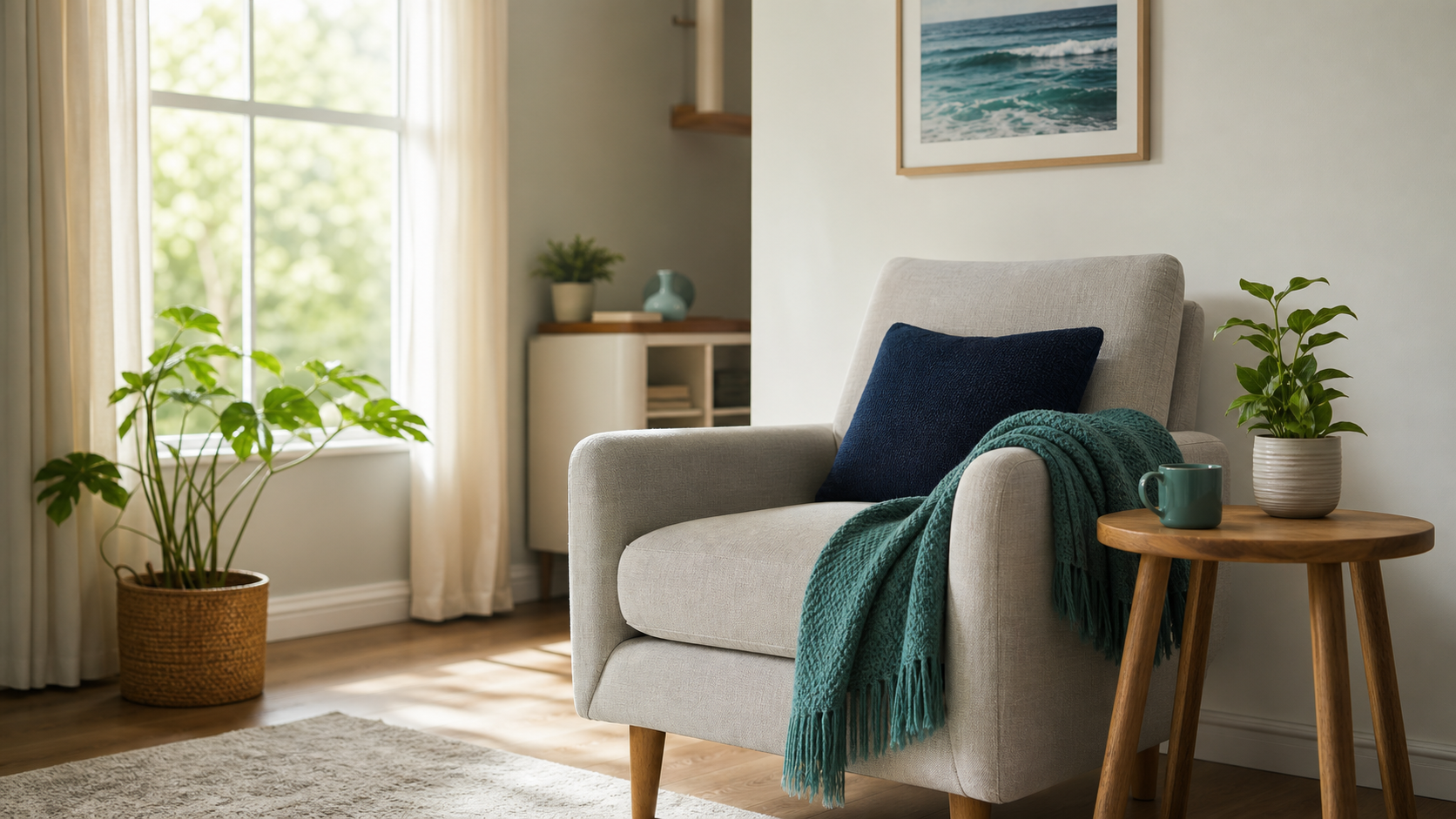 A calm, bright living room with a comfortable chair and morning light.